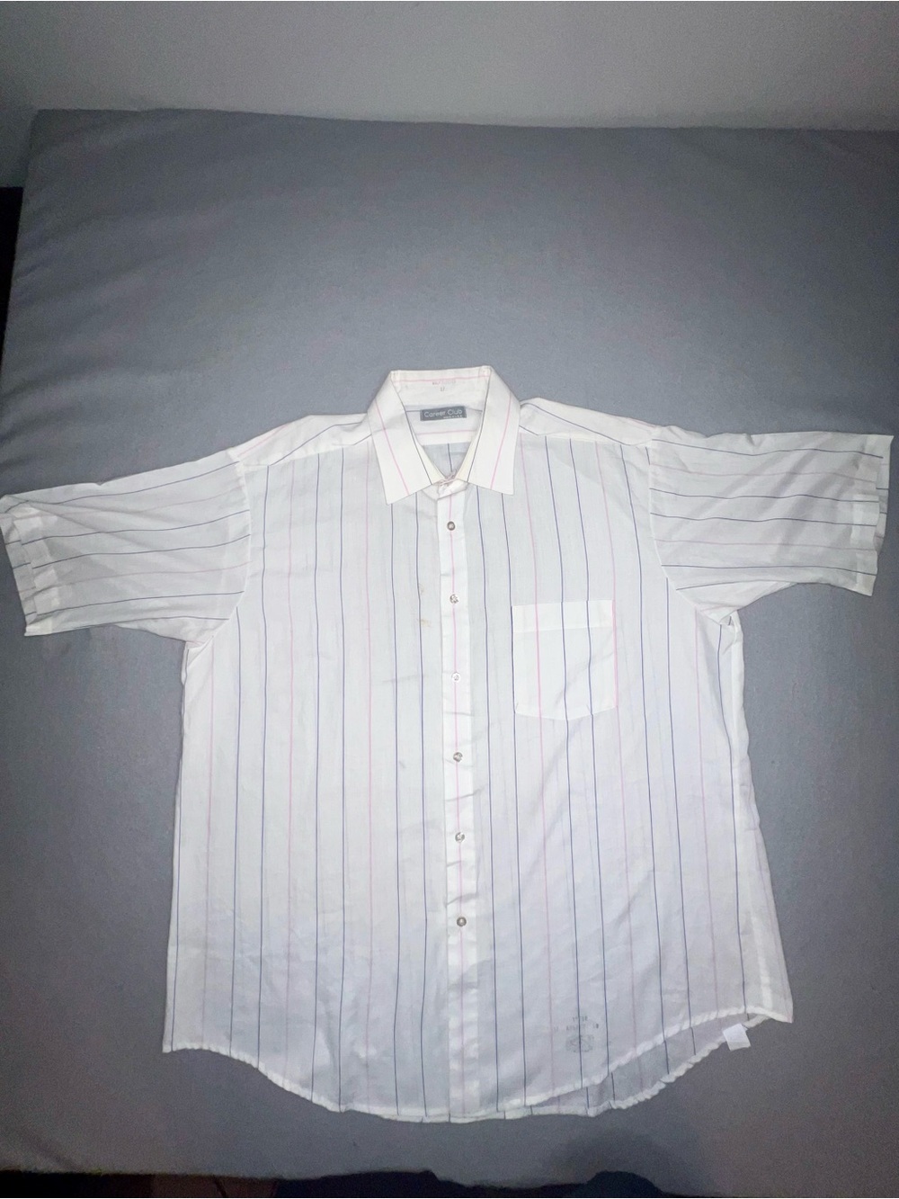 Vintage Career Club Mens Short Sleeve Striped Dress Shirt White Pink Blue 17